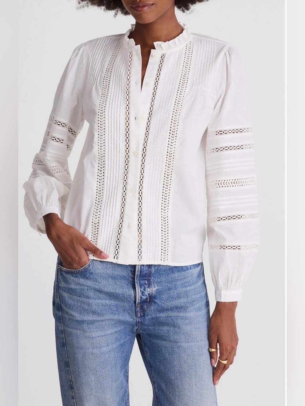 NWT MADEWELL High Neck Lace Detail Pintuck Cotton top size women’s extra large